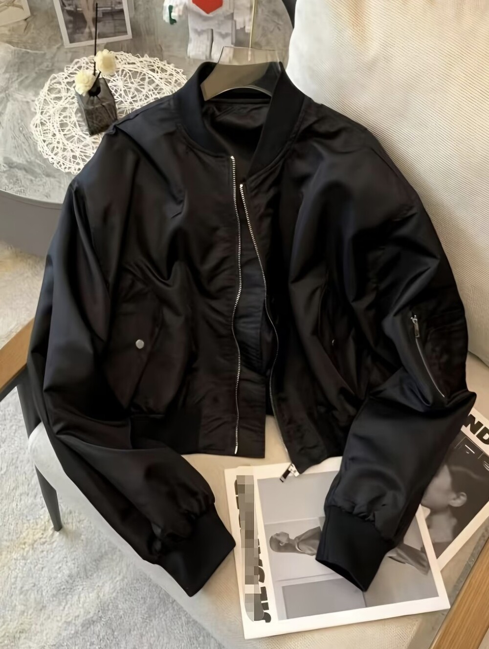 Women's Short Black Jacket, Spring/Autumn Casual Zipper Cardigan, Thin Baseball